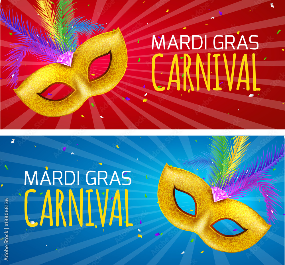 Mardi Gras brochure banner design. Golden fat tuesday symbols and letters. Greeting card with mask carnival. Holiday mardi gras party flyer