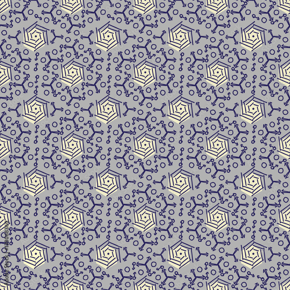 Fototapeta premium Outline geometric abstract seamless pattern yellow and blue on grey background.