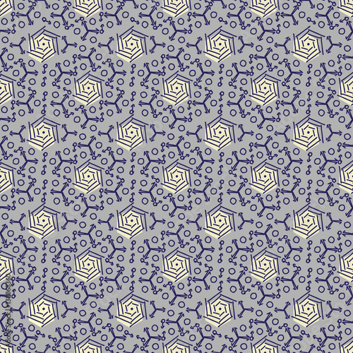 Outline geometric abstract seamless pattern yellow and blue on grey background.