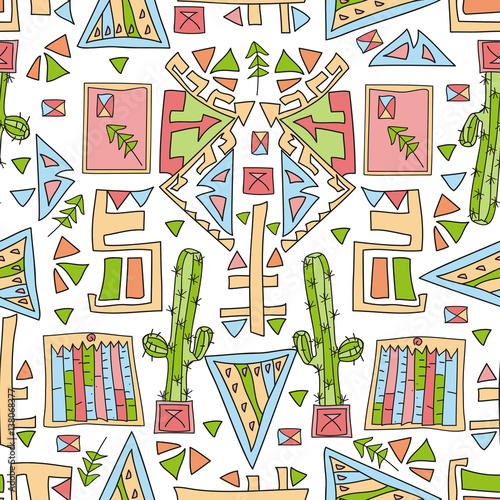 Hand drawn abstract seamless pattern with colored ornaments.