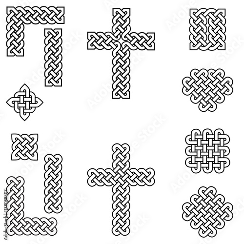 Celtic style endless knot symbols including border, line, heart, cross, curvy squares in  in white with black stroke inspired by Irish St Patrick's Day, and Irish and Scottish Culture
