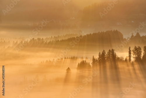 Fototapeta Naklejka Na Ścianę i Meble -  Beautiful autumn woods landscape taken in polish Beskidy mountain, rays and amazing inversion, Ochodzita