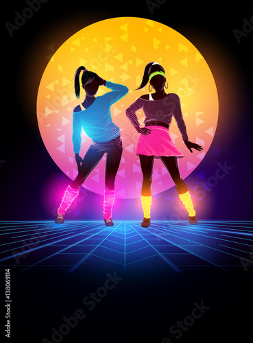Women dressed up 1980's fashion. Retro dance background design. Vector illustration