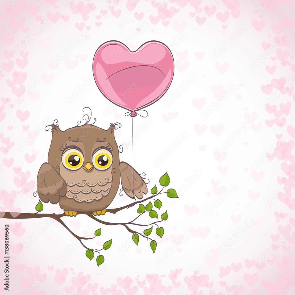Cute little owl with heart shape balloon. Hand drawn cartoon vector ...