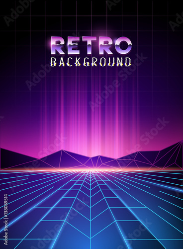 retro 80's neon digital landscape with light beams. Vector illustration