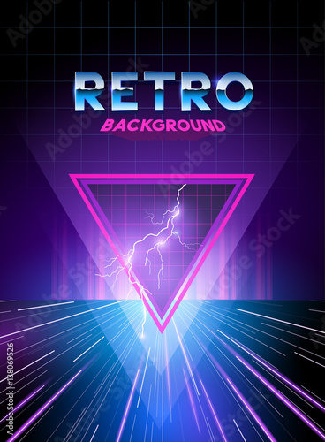 Retro 1980's digital landscape background with neon effects.