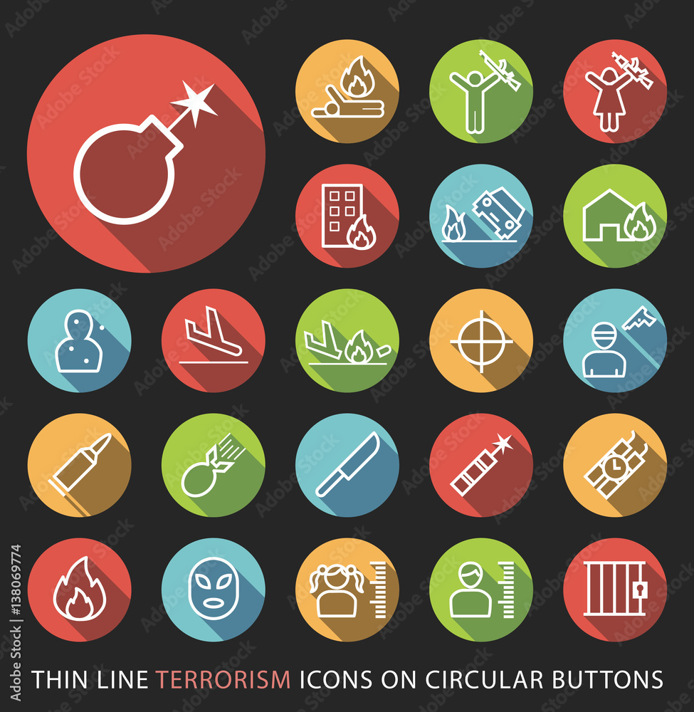 Fototapeta premium Set of Elegant Universal White Terrorism Minimalistic Thin Line Icons on Circular Colored Buttons on Black Background