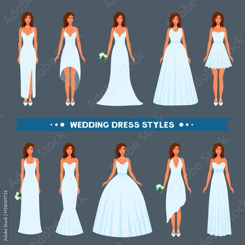 A variety of styles, types, fashions of wedding dress to wear on a beautiful girl.