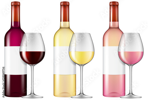 Wine bottles and glasses - red, white and rose wine. Vector illustration with smart transparencies - will work against any background!