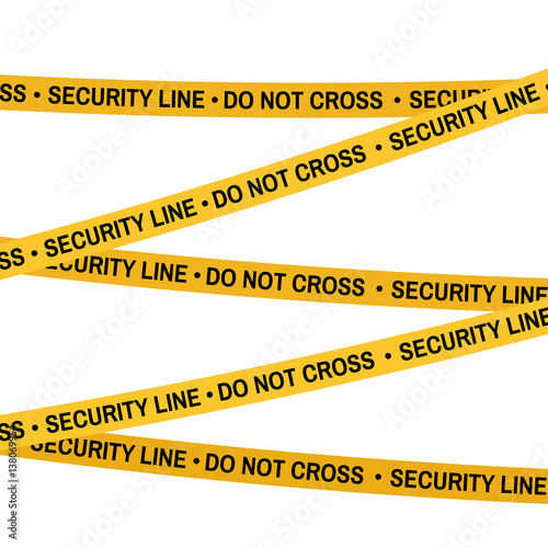 Crime scene security line yellow tape, police line Do Not Cross tape. Cartoon flat-style illustration White background.