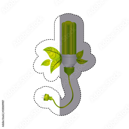color sticker silhouette with fluorescent lamp with leaves and plug vector illustration