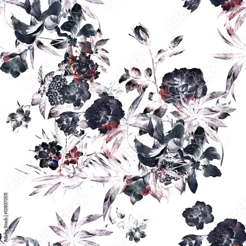 Fototapeta Akwarela obraz liść i kwiaty, bezszwowy wzór na białym tle