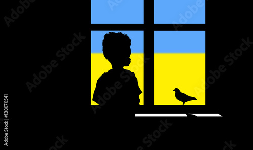 Ukraine concept. Doll and pigeon at  window on  a flag background 