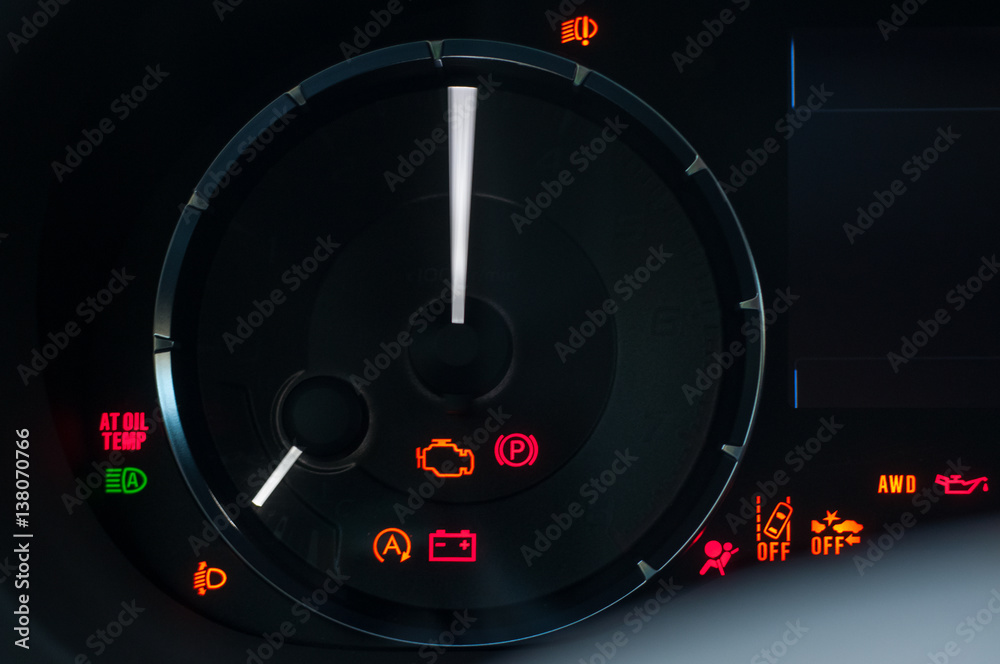 Naklejka premium Car dashboard warning lights. Engine start moment. System check.