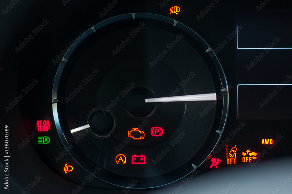 Naklejka premium Car dashboard warning lights. Engine start moment. System check.