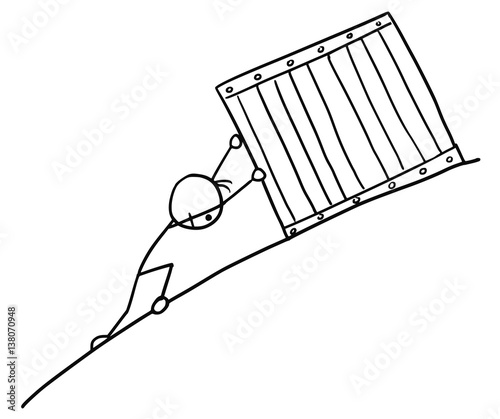 Stickman Cartoon of Man Pushing Large Box up to Hill