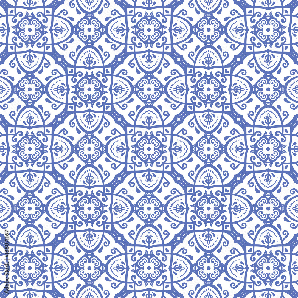 Damask vector classic blue an white pattern. Seamless abstract background with repeating elements. Orient background