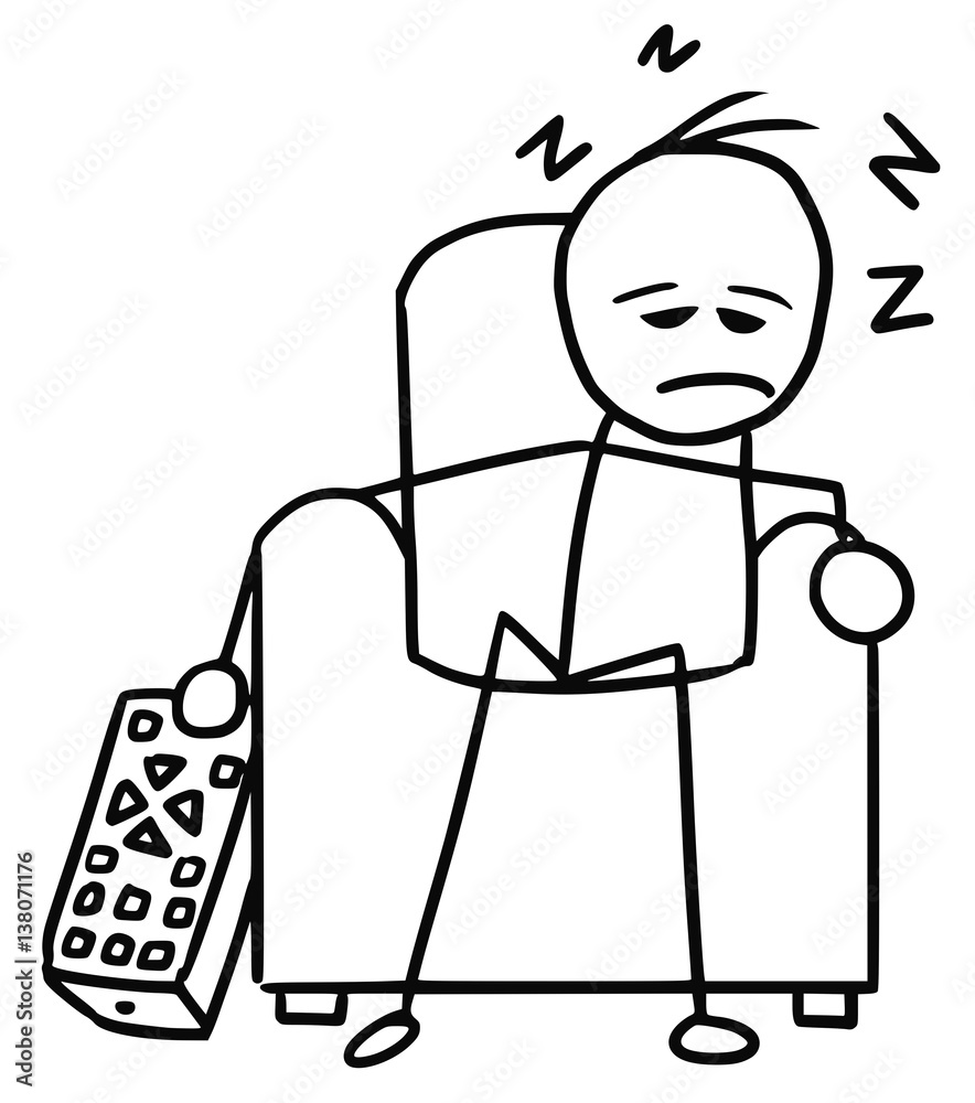 Stickman Cartoon of Man Sleeping in the Chair in front of TV Television