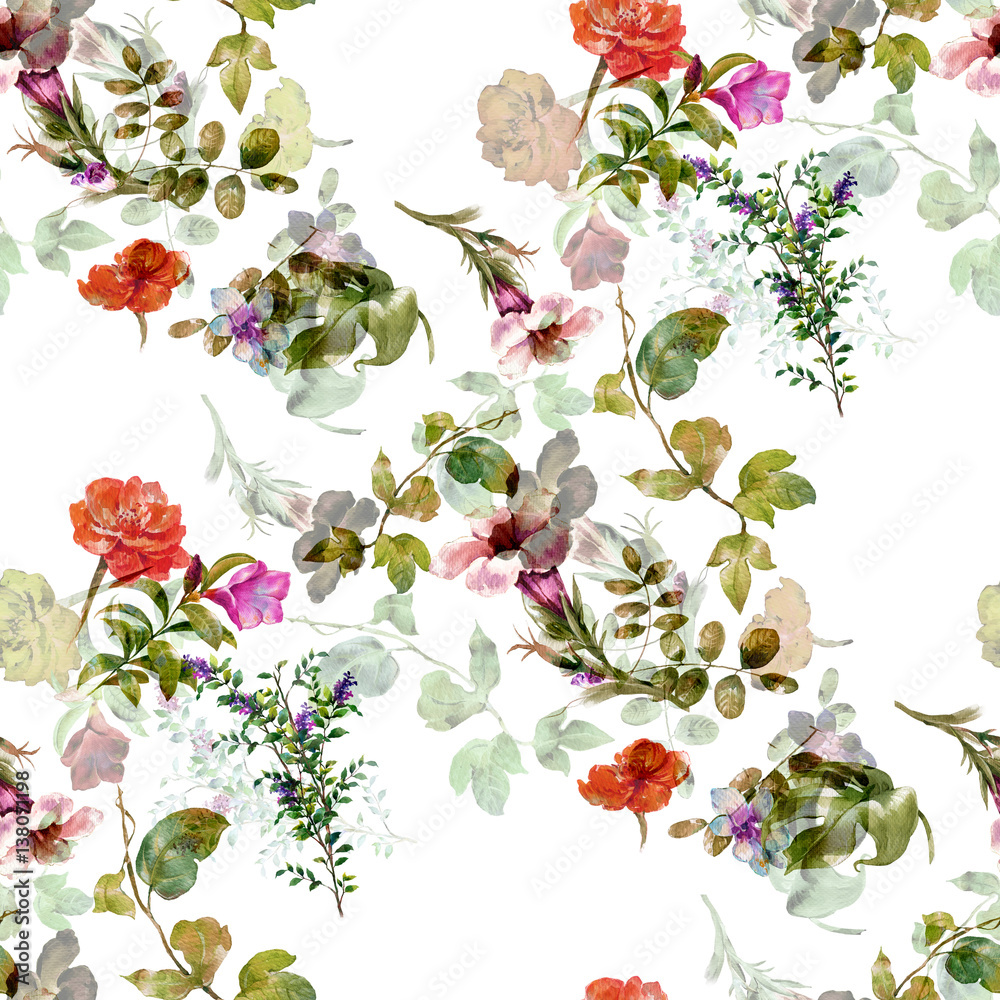 Watercolor painting of leaf and flowers, seamless pattern on white background Watercolor painting of leaf and flowers, seamless pattern on white background