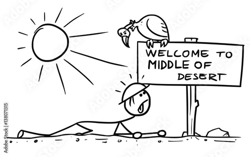 Stickman Cartoon of Hopeless Man Crawling in the Desert Found a Sign