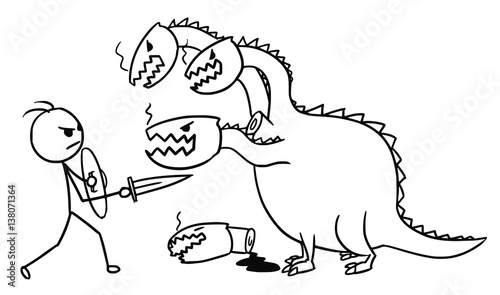 Stickman Cartoon of Man Fighting with Dragon