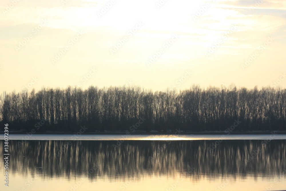 Trees on bank of Danube river in winter haze. Silhouettes of trees on river bank at sunset. Beautiful landscape over river on clear winter day. Trees on bank of Danube river in winter haze. Silhouettes of trees on river bank at sunset. Beautiful landscape over river on clear winter day.