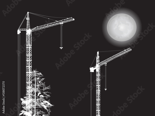 two building cranes and pine on black background