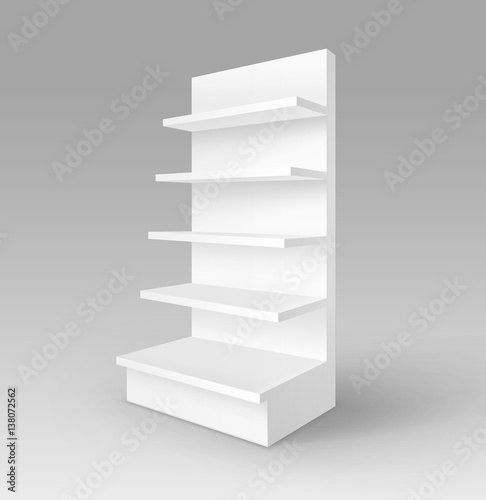 Vector White Blank Empty Exhibition Trade Stand Shop Rack with Shelves Storefront Isolated on Background