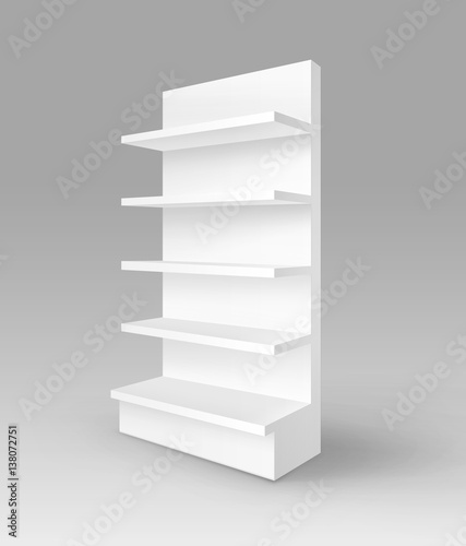 Vector White Blank Empty Exhibition Trade Stand Shop Rack with Shelves Storefront Isolated on Background