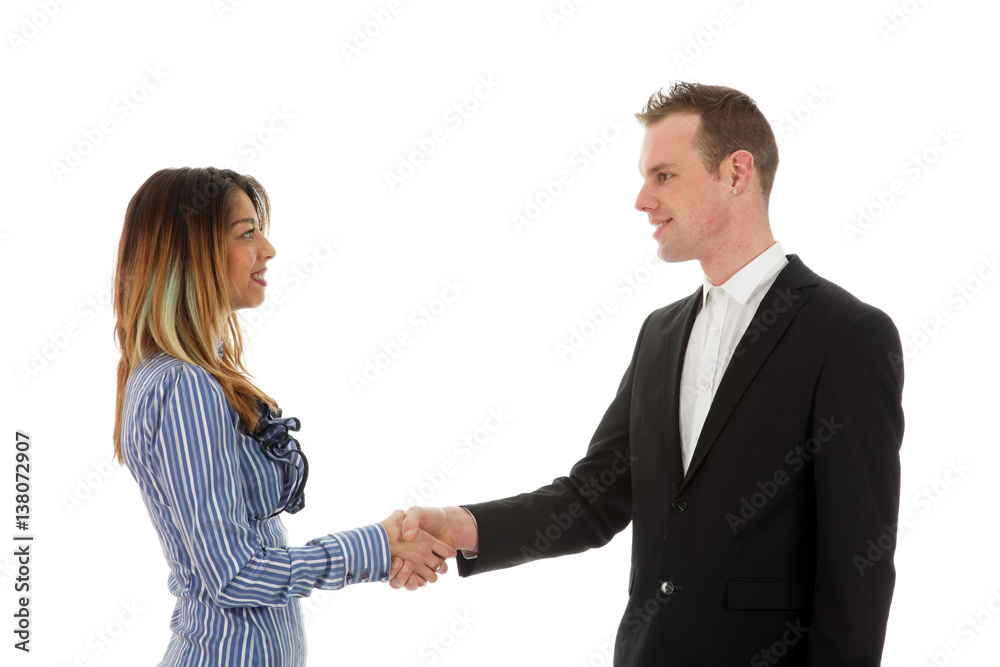 businesswoman and businessman shaking hands on white