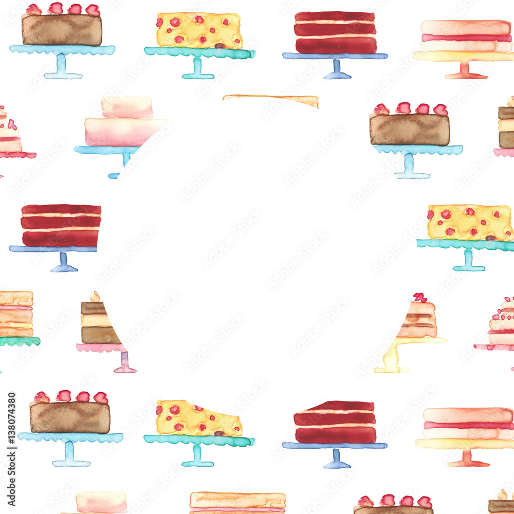 Watercolor hand drawn illustration pattern background with set of cute colorful cakes on stands with lspace for text poster