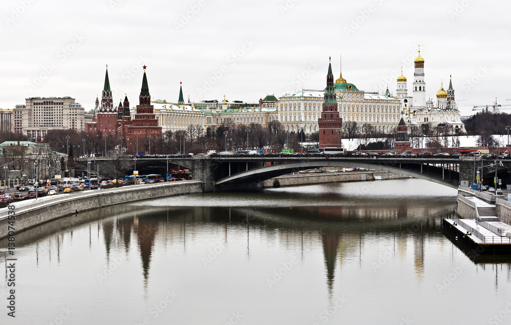 View of Grand Kremlin Palace and Kremlin walls in Moscow
