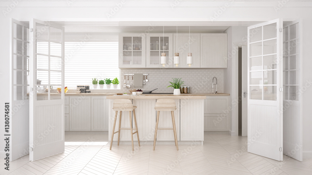 Scandinavian classic kitchen with wooden and white details, minimalistic interior design - obrazy, fototapety, plakaty 