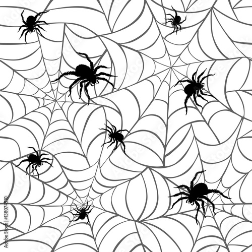 Spiders on Webs on White seamless pattern.