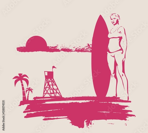 Woman posing with surfboard on grunge brush stroke. Monochrome silhouette. Vector illustration. Vintage Surfing Graphic and Emblem for web design or print. Palm and lifeguard tower on backdrop