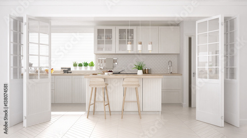Scandinavian classic kitchen with wooden and white details, minimalistic interior design