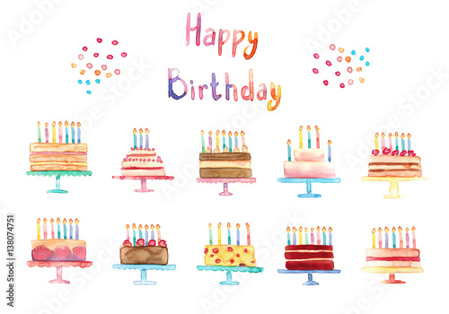Watercolor hand drawn illustration with set of cute colorful cakes on stands, lettering Happy Birthday, candles and dots isolated on white