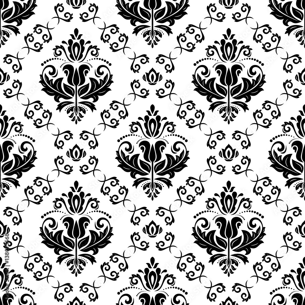 Damask vector classic black and white pattern. Seamless abstract background with repeating elements. Orient background