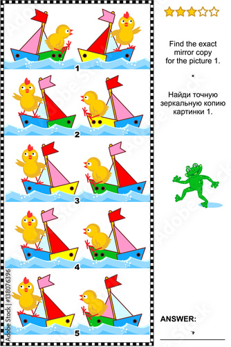 Visual puzzle with rows of toy boats and chicks the sailors: Find the exact mirror copy for the picture 1. Answer included.