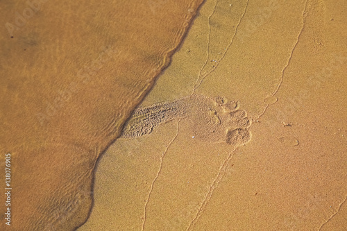 Female foot print in sand of tropical beach at sunrise or sunset light. Horizontal color photo.
