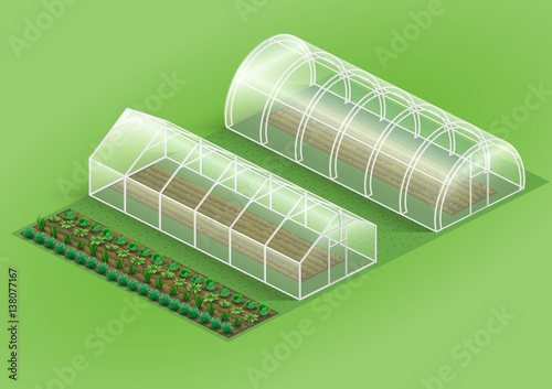 Set of greenhouses for plants. Facilities farm and garden with plants, vegetables. Vector graphics