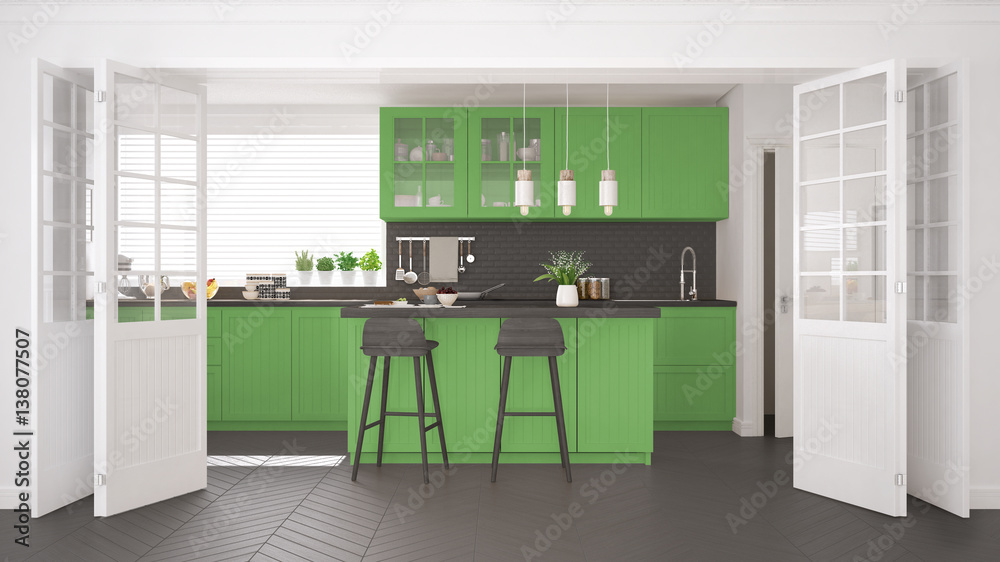 Scandinavian classic kitchen with wooden and green details, minimalistic interior design - obrazy, fototapety, plakaty 