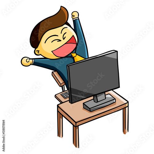Cool and funny businessman celebrating success on his work in front of his computer - vector.