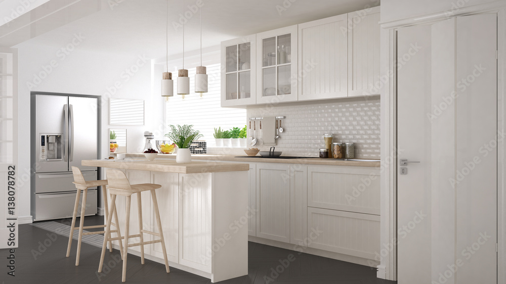 Plakat Scandinavian classic kitchen with wooden and white details, minimalistic interior design
