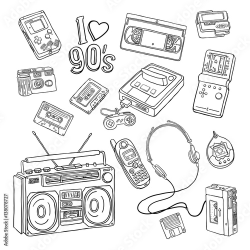 Sketchy set with nineties gadgets isolated on white background.
