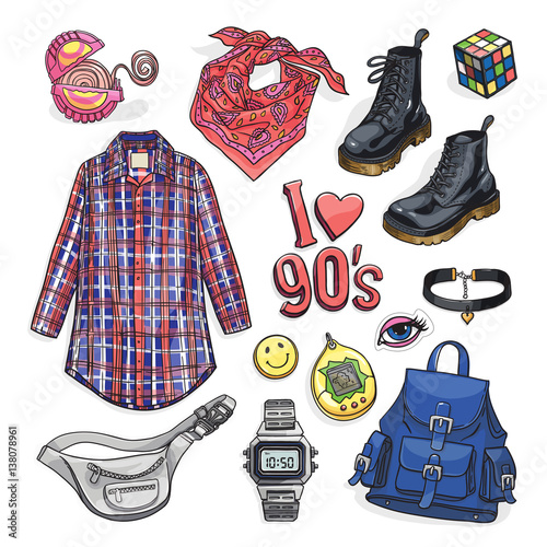 Sketchy illustration set with nineties fashion items