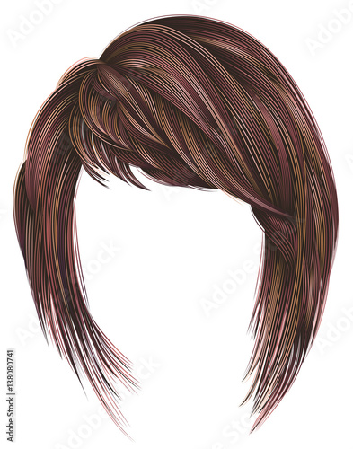 trendy woman hairs kare with fringe . pink red colors . medium length . beauty style . realistic 3d .koloring highlignting. 