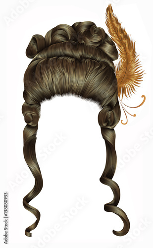 woman wig  hairs curls. medieval style rococo,baroque.high hairdress with  feather.