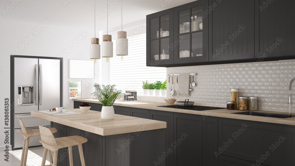 Plakat Scandinavian classic kitchen with wooden and gray details, minimalistic interior design