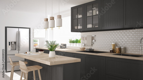Fototapeta Naklejka Na Ścianę i Meble -  Scandinavian classic kitchen with wooden and gray details, minimalistic interior design